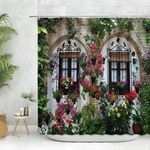 Rideaux de douche rétro vieux bois fleur fenêtre rideau campagne ferme grange planche de bois décor mural salle de bain crochets suspendus