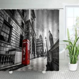 Cortinas de ducha Retro Red Teléfono Cabina Negro Blanco Londres Edificio Ciudad Paisaje Poliéster Tela Cortina de baño con ganchos