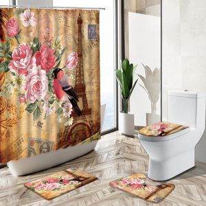 Rideaux de douche tampon rétro tampon imprimé rideau fleur oiseau de fleur paris architecture paysage piédestal non glissé couvercle de toilette de toilette