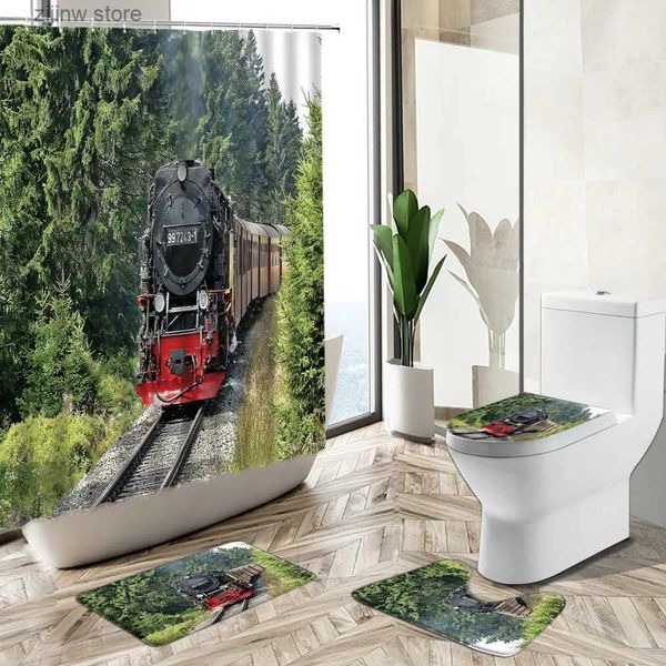 Rideaux de douche Train rétro machine à vapeur rideau de douche forêt arbre piste paysage naturel antidérapant piédestal tapis couverture de toilette salle de bain déco ensemble Y240316