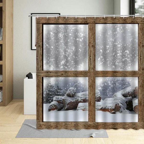 Cortinas de ducha Retro Ventana Copo de nieve Paisaje Cortina Primavera Pastizales Naturaleza Paisaje Corriente Decoración de baño con ganchos Baño