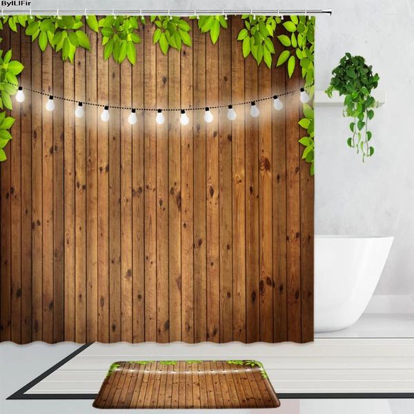 Rideaux de douche Retro Wood Grain Plantes vertes lampe 3D Fake Wall Bathroom Decor Curtain 2 pièces Tapis de bain sans glissement