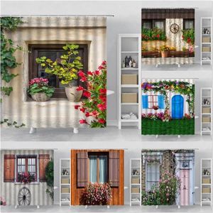 Douche gordijnen retro houten raam bloem gordijn European huis gebouw tuin muur landschap badkamer decor badpolyester badpolyester