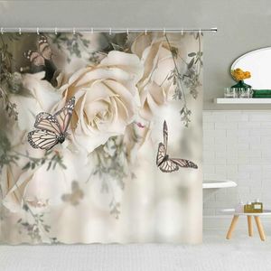 Cortinas de ducha romántica mariposa blanca rosa flor cortina primavera Floral paisaje niña regalo baño decoración tela impermeable