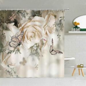 Douchegordijnen Romantische Vlinder Witte Roos Bloem Gordijn Lente Bloemen Landschap Meisje Gift Badkamer Decor Waterdicht Fabric277G