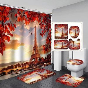 Douchegordijnen Romantisch Parijs Eiffeltoren Gordijn Set Zwart Rood Tree Bad Non-Slip Rug Toilet Deksel Cover Mat Badkamer Deco