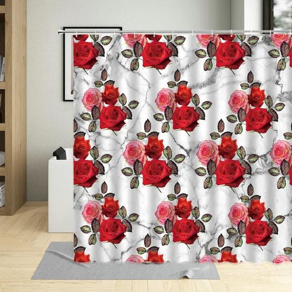 Rideaux de douche romantique rouge Rose fleur marbré rideau rayures Art Design décor à la maison écrans étanche salle de bain baignoire