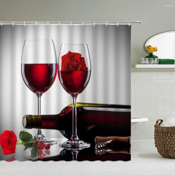 Rideaux de douche rideau de vin rouge romantique étanche salle de bain 3D Impression de tissu en polyester avec écran de décoration de crochets