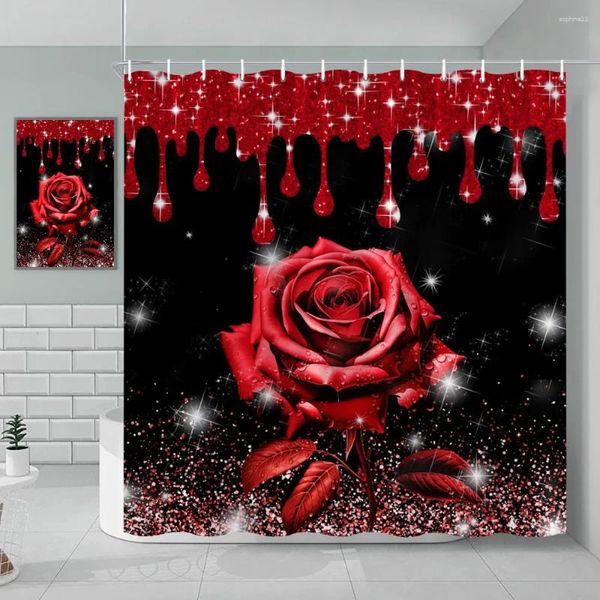 Rideaux de douche Rideau de roses Romantique Floral Roses rouges reflétées dans l'eau Noir Gris Salle de bain décorative