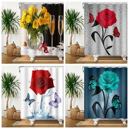 Rideaux de douche rideau de rose d'eau romantique papillon floral imperméable en tissu étanche salle de bain anti-piping écran de baignoire avec crochets 180x200