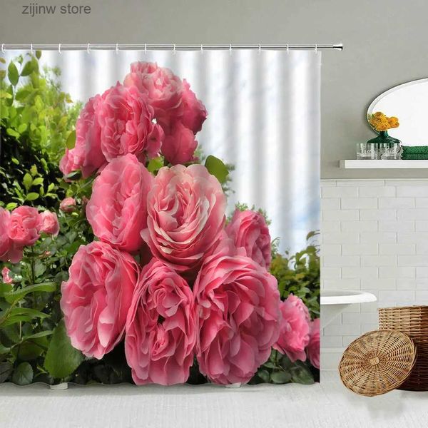 Rideaux de douche Rose Floral Paysage Rideau De Douche Plante Fleur Nature Photographie Amour Couple Salle De Bains Mur Déco Avec Crochet Écran Étanche Y240316