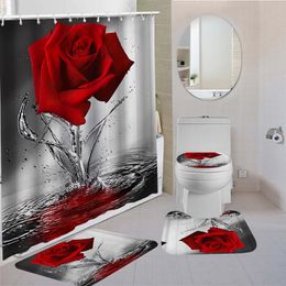 Rideaux de douche Ensemble de rideaux de douche à fleurs roses Tapis antidérapants Tapis de bain Couvercle de couvercle de toilette et 12 crochets Décor de salle de bain en polyester imperméable 230523