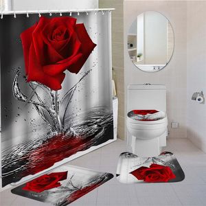 Rideaux de douche Rose fleur rideau de douche ensemble tapis antidérapant tapis de bain couvercle de couvercle de toilette et 12 crochets imperméable polyester salle de bain décor 230504