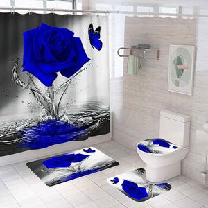 Rideaux de douche Rose fleur imperméable salle de bain rideau de douche ensemble tapis antidérapants tapis de bain couvercle de toilette couverture tapis Polyester décor à la maison 230919