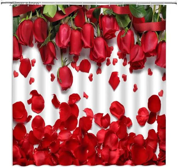 Cortinas de ducha Flores de rosas Cortinas de ducha Pétalos dispersos florales rojos naturales Romántico Día de San Valentín Tela Decoración de baño Conjunto con ganchos Y240316