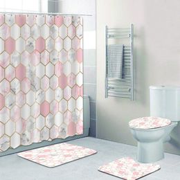 Douchegordijnen Roségouden roze en grijs marmeren douchegordijn ingesteld voor badkamer gordijnen geometrische zeshoekbadmatten tapijten toilet cortina de ducha 230322