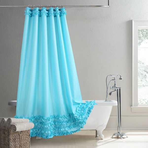 Rideaux de douche à volants bleu moderne Polyester tissu imperméable solide décoré ferme rideau de douche 230322