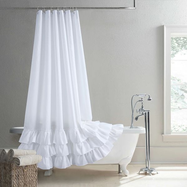 Cortinas de ducha con volantes, tela impermeable de poliéster moderno bohemio blanco, cortina de ducha de granja decorativa sólida 231122