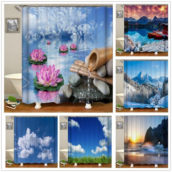 Cortinas de ducha Paisaje rural Creek Stone Lotus Blue Sky White Ccloud Frabic Cortina de baño de poliéster impermeable con ganchos