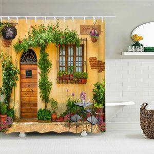 Douchegordijnen landelijke stad bloementuin bakstenen muur bedrukte stof badkamer gordijn waterdichte producten huisdecoratie met haken