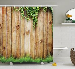Rideaux de douche rideau rustique de la saison de printemps fraîche et plante de feuille sur le terrain de jardin de la clôture en bois PO tissu tissu b