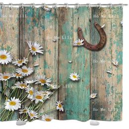 Douchengordijnen Rustieke boerderij Landgordijn AMERIKAANSE WESTERS -stijl Horse Daisy in groenblauw Barnwood met Hooks Retro Bath Decor