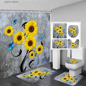 Rideaux de douche Ensemble de rideau de douche floral rustique jaune tournesol bleu papillon fleurs salle de bain tapis de sol décoratif tapis de bain couvercle de couvercle de toilette Y240316