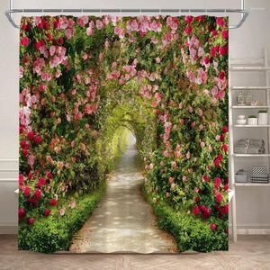 Rideaux de douche fleurs rustiques rose rose plante à fleurs de printemps paysage jardin de jardin suspendu en tissu de salle de bain décoration
