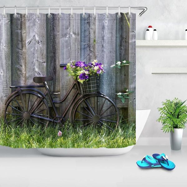 Rideaux de douche planches en bois rustiques Vintage vélo printemps rideau de bain pour salle de bain tissu Polyester imperméable avec 12 crochets