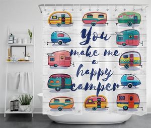 Rideaux de douche RV rideau coloré campeur heureux camping voyage planches rustiques tissu imperméable salle de bain décor ensemble avec crochet 5701255