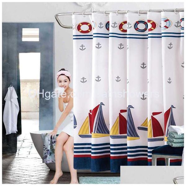 Cortinas de ducha Barco de vela Estilo de verano Náutico Raya azul marino Baño Cortina de tela de poliéster impermeable con gancho Entrega de gota Dhodo