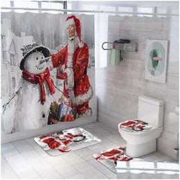 Rideaux de douche Santa Noël Imprimer Toilette Tapis de salle de bain et rideau Ensemble de quatre pièces Tapis de cuisine Tapis Tapis de sol Paillassons30 Drop D Dhn2T