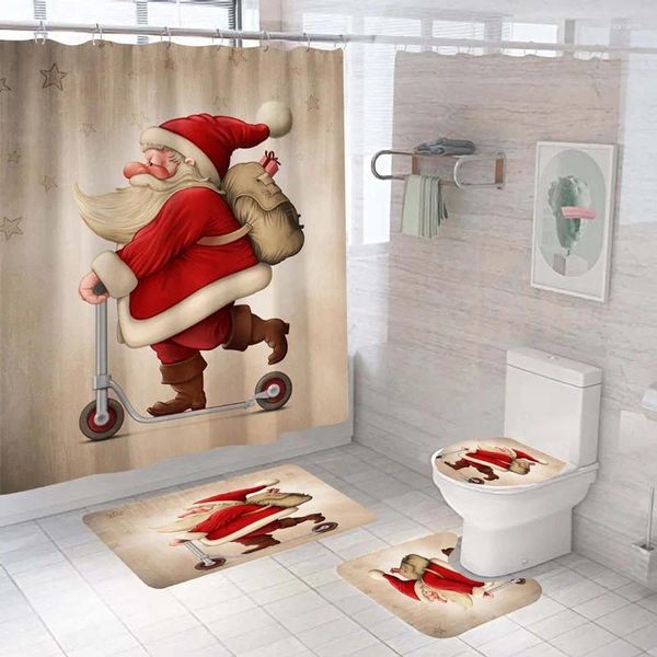 Cortinas de ducha Santa Claus Cortina de baño Impermeable Estera de Navidad Conjunto de habitación Decorativo Muñeco de nieve Alfombra antideslizante Alfombras de baño ecológicas