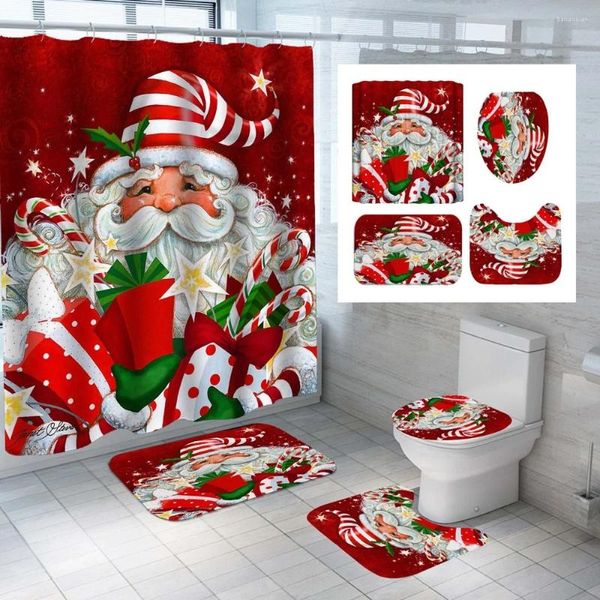Rideaux de douche Ensembles de rideaux de Noël du Père Noël Claus avec tapis de toilette de salle de bain festives dessin de dessin animé Elm de Noël