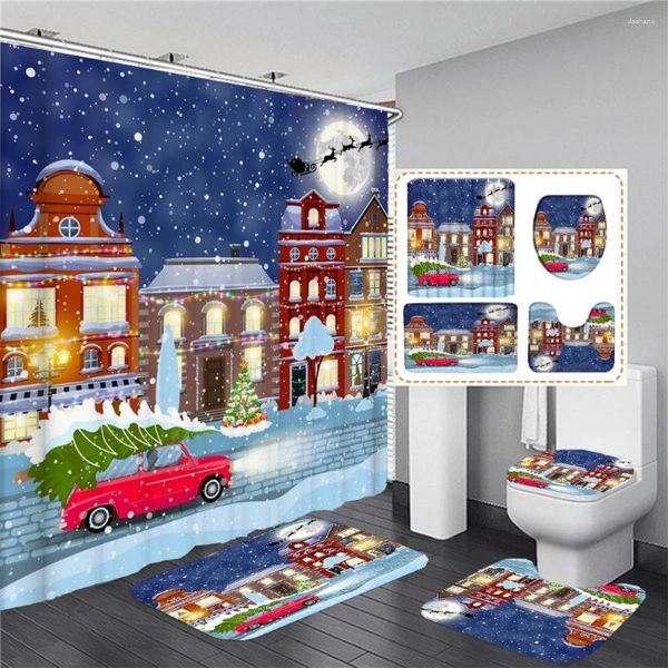 Rideaux de douche Santa Claus Snowman imprimé 3D Curtain Set Christmas Cartoon Home Decoration salle de bain avec tapis tapis de chauve-souris non glissant