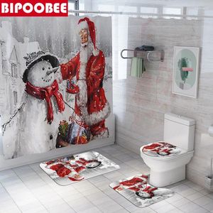 Douche gordijnen Santa Snowman 3d Curtain Merry Christmas Badkamer Sets Sneeuwflake Toilet Cover Mat Non Slip Rug Set Home Decor