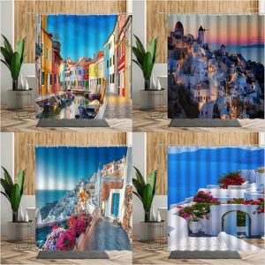 Douche rideaux rideau en Grèce Seaside City Blue House Flower Summer Imprimé Tabillard Salle de bain Home Bath Decor Kurtyny