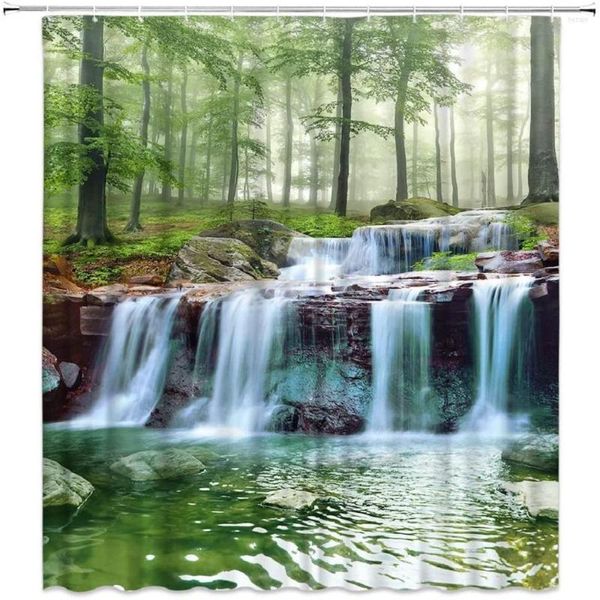 Rideaux de douche scénique cascade rideau Nature vert forêt arbre Spa eau lac paysage brumeux Jungle salle de bain Polyester tissu