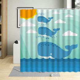 Rideaux de douche Animaux de la mer Ensemble de rideaux Sourire Baleine Dessin animé Enfants Illustration Salle de bain pour salon Décor avec crochets