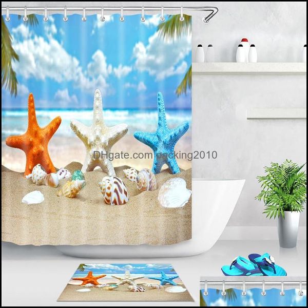 Rideaux De Douche Mer Plage Rideau De Douche Étoile De Mer Coquillage Imprimé Écran De Bain Polyester Rideaux Imperméables Décor Avec Crochets 1494 T2 D Dhgbx