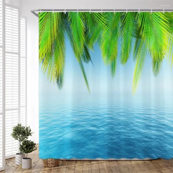 Rideaux de douche Mer Plage Vague Cocotier Été Océan Paysage Salle De Bain Rideau Tissu Polyester Bain Avec Crochets