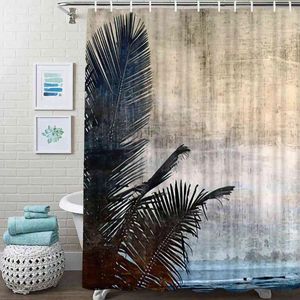 Rideaux de douche Sea Beach Wave Vacances Paysage Salle de bain Tropical Ocean Palm Tree Polyester imperméable avec crochets