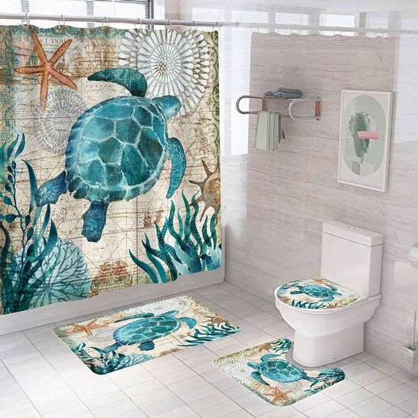 Rideaux de douche tortue de mer impression rideau de douche tissu polyester imperméable vie marine rideaux de bain pour la maison salle de bain baignoire décor avec crochets 230714