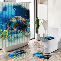 Rideaux de douche Tortue de mer rideau de douche ensemble poissons tropicaux animaux océan monde thème décor à la maison tapis de bain couverture de toilette flanelle salle de bain tapis Y240316