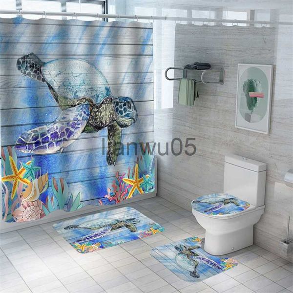 Cortinas de ducha Tortuga marina Cortinas de ducha Estilo nórdico Estampado de baño Juego de alfombras de poliéster Alfombras de baño Cortinas de baño impermeables Alfombras Decoración de baño x0731