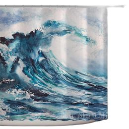 Douchegordijnen Sea Wave Aquarel Aquarel Schilderprint Polyester Stoffen Badkamer Decor Set met haken blauw