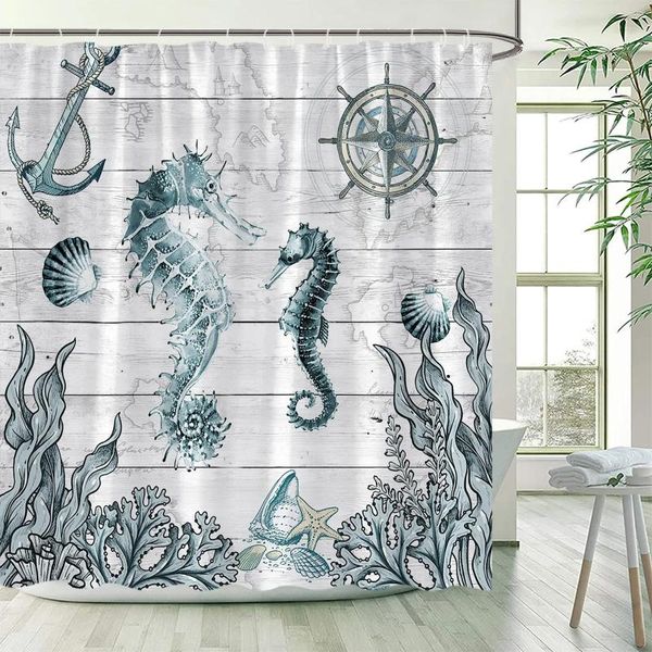 Cortinas de ducha Hossor acuarela de acuarela animales estrella estrella de mar Ancla náutica de madera gris decoración de baño de tela con ganchos