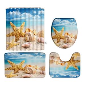 Douchegordijnen Zeeschelp Zeester Douchegordijn Set Polyester Strand Landschap Badkamer Decor Gordijnen Met Badmat Tapijt Toilethoes