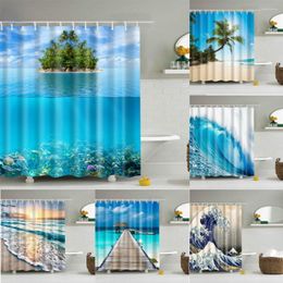 Cortinas de chuveiro à beira-mar praia cortina 3d coqueiro mar pôr do sol paisagem banho tela à prova dwaterproof água poliéster tecido decoração do banheiro