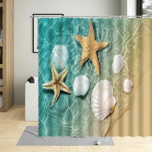 Cortinas de ducha Playa junto al mar Paisaje natural Baño Cielo azul Estrella de mar Olas Spindrift Cortina de impresión impermeable para la decoración del hogar